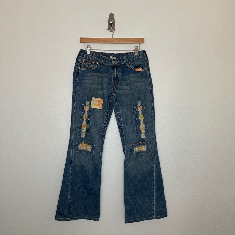 True Religion Joey Low Rise Flare Patchwork Jeans Sz 31